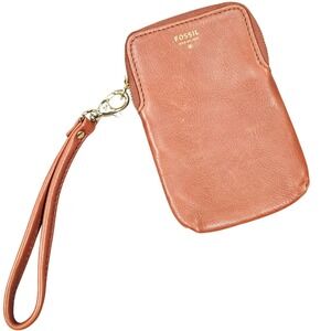 Fossil Leather Wristlet Pouch Card Holder Tan Gold Brass Zipper